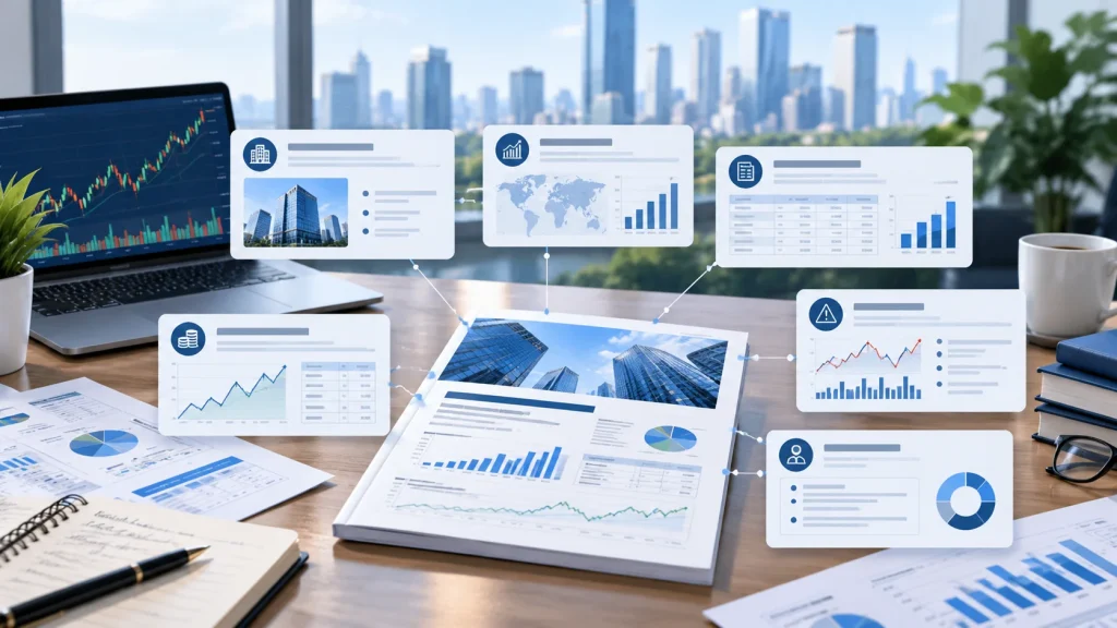 Stock market research report illustration showing company analysis, financial data, valuation and risks.