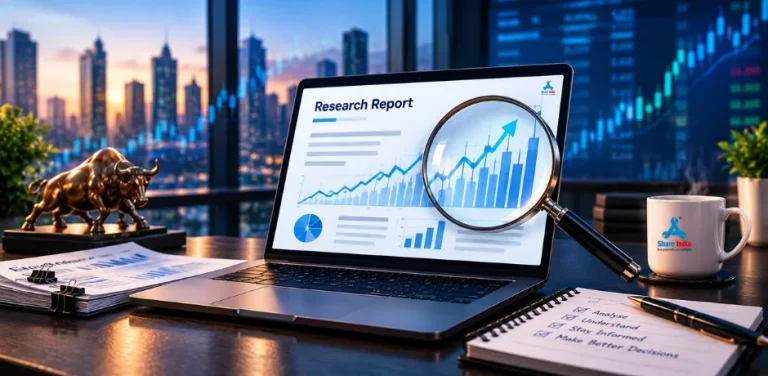 Stock market research report on a laptop featuring financial charts, a magnifying glass, and Share India branding.