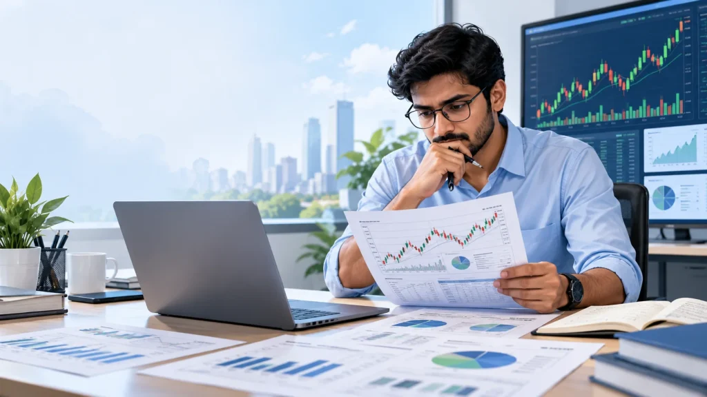 Investor reviewing stock market research reports and financial charts in an office.